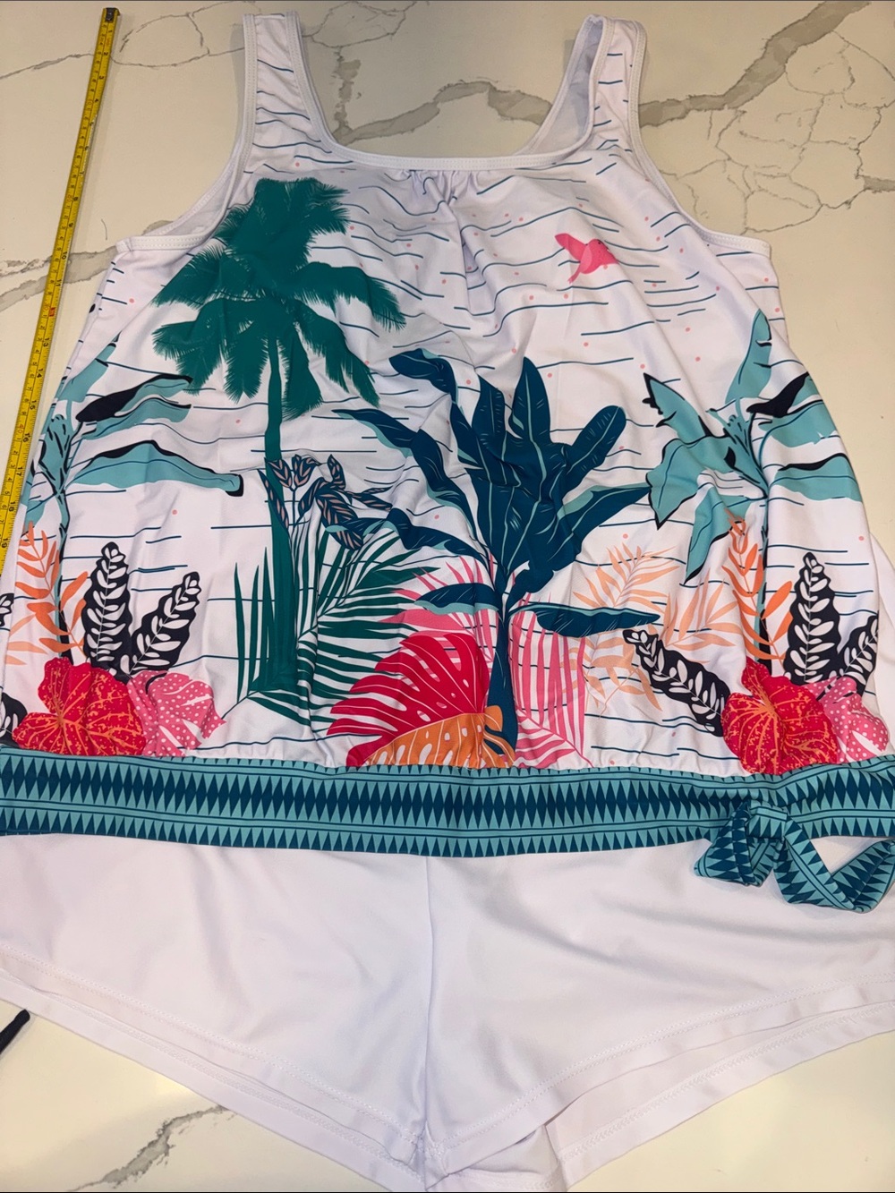 Womans Tropical Print Two piece Swim Romper - White with Teal & Coral 2XL